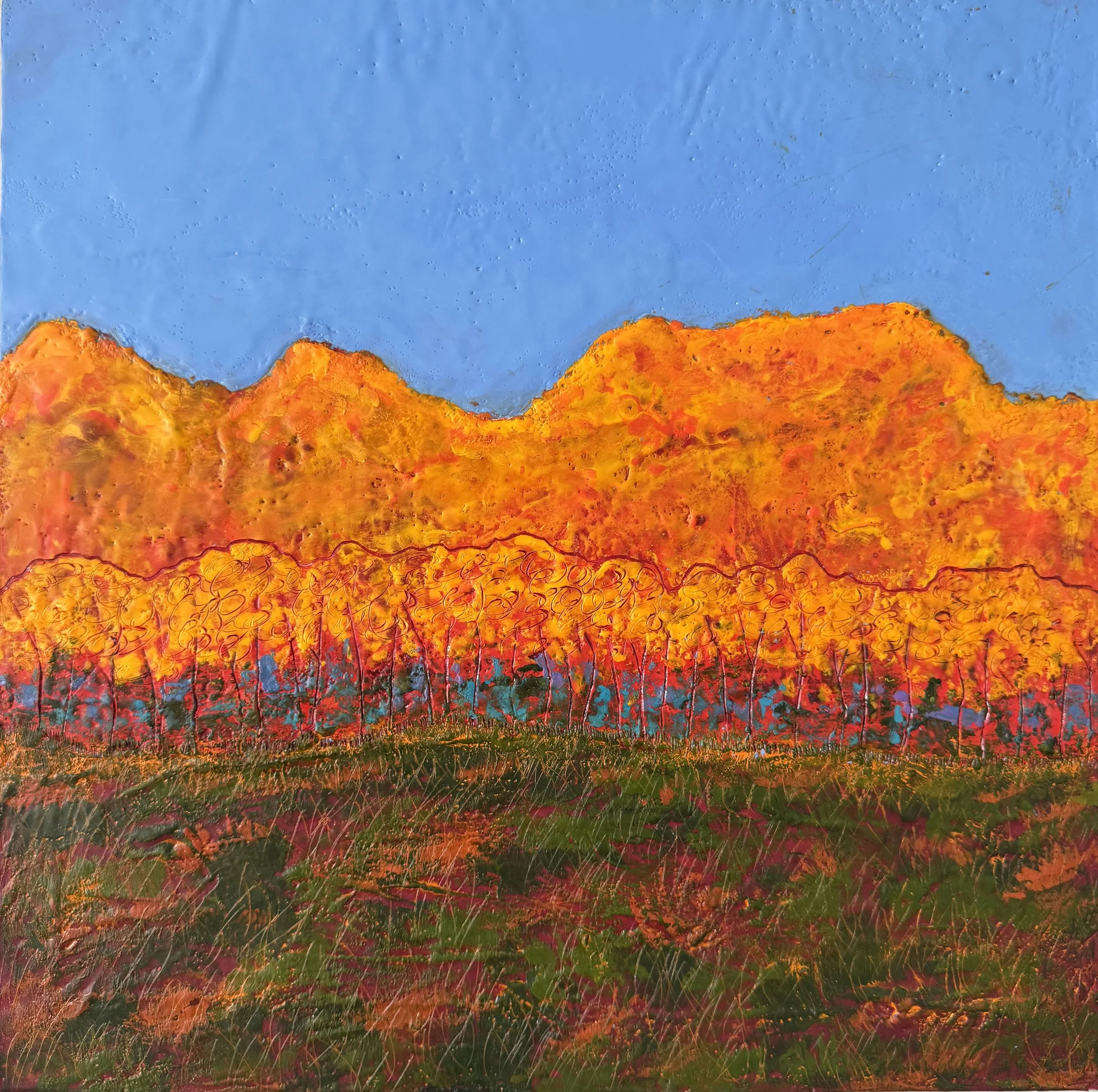 encaustic painting of peak foliage season in Vermont with brightly